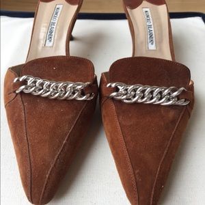 Manolo Blahnik Suede Mules with Silver Chain